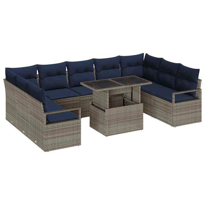 Havesofa Sæt med opbevaring 10 pcs Grå og Marineblå Poly rattan