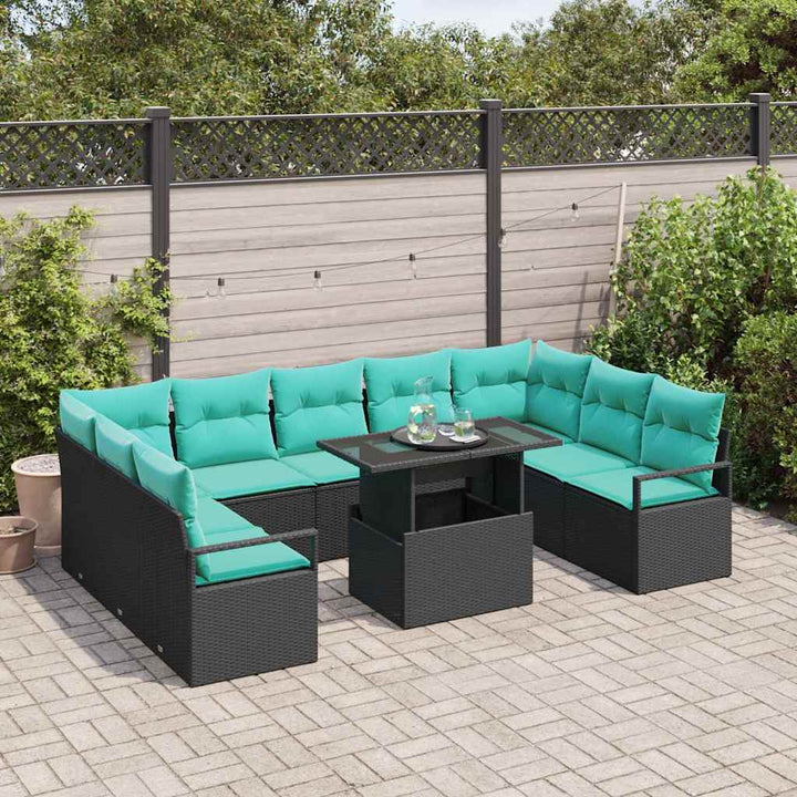 Havesofa Sæt med opbevaring 10 pcs Sort og Blå Poly rattan