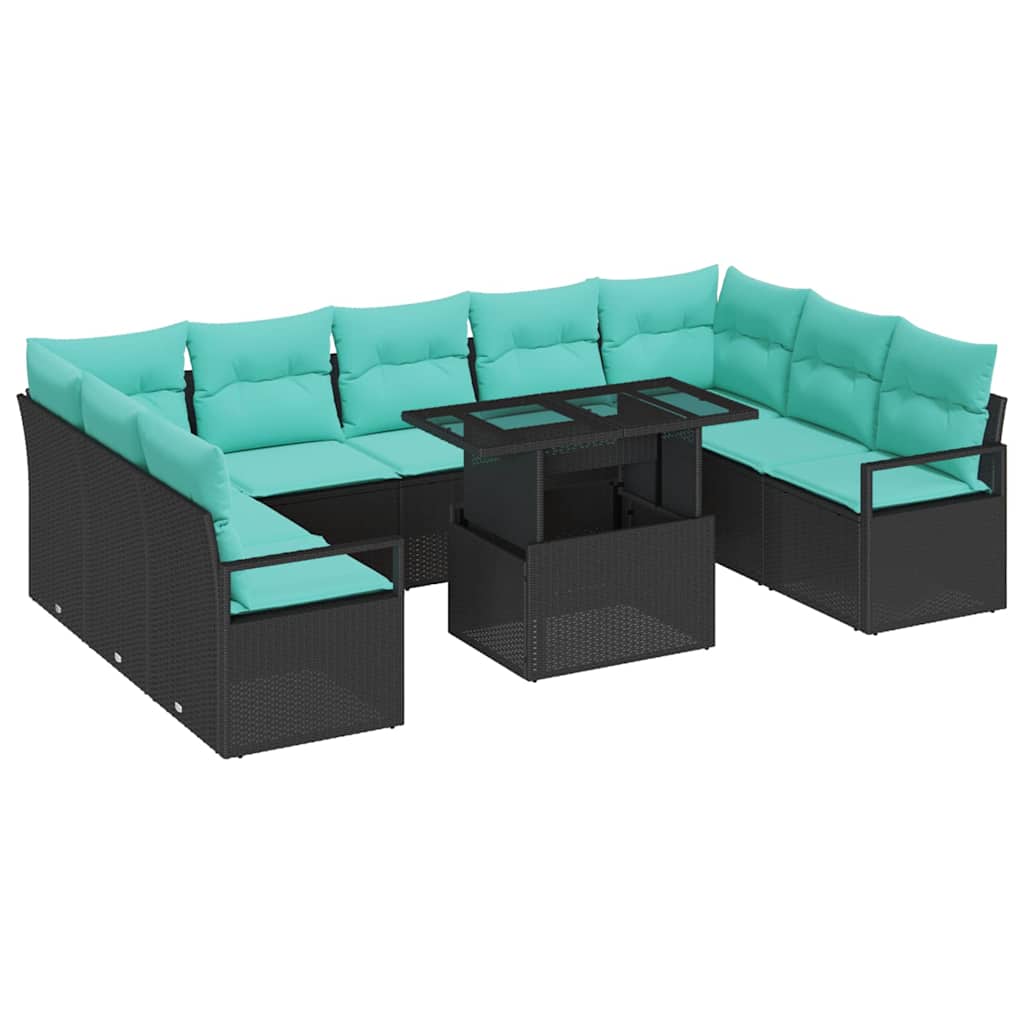 Havesofa Sæt med opbevaring 10 pcs Sort og Blå Poly rattan