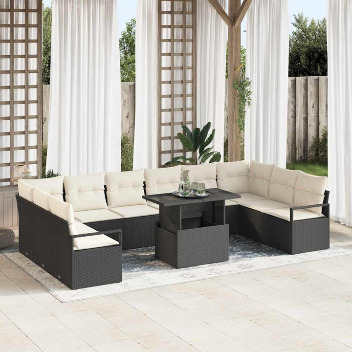 Havesofa Sæt med pude 11 pcs Sort og cremefarvet polyrattan