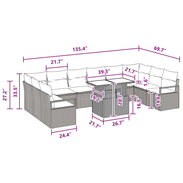 Havesofa Sæt med pude 11 pcs Brun og Rød polyrattan