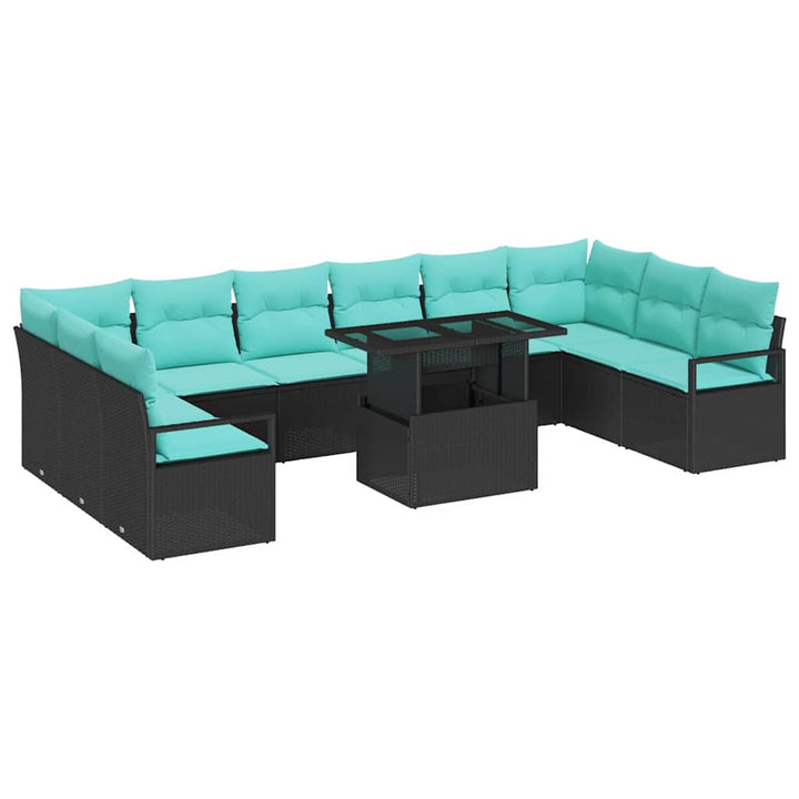 Havesofa Sæt med pude 11 pcs Sort og blå polyrattan