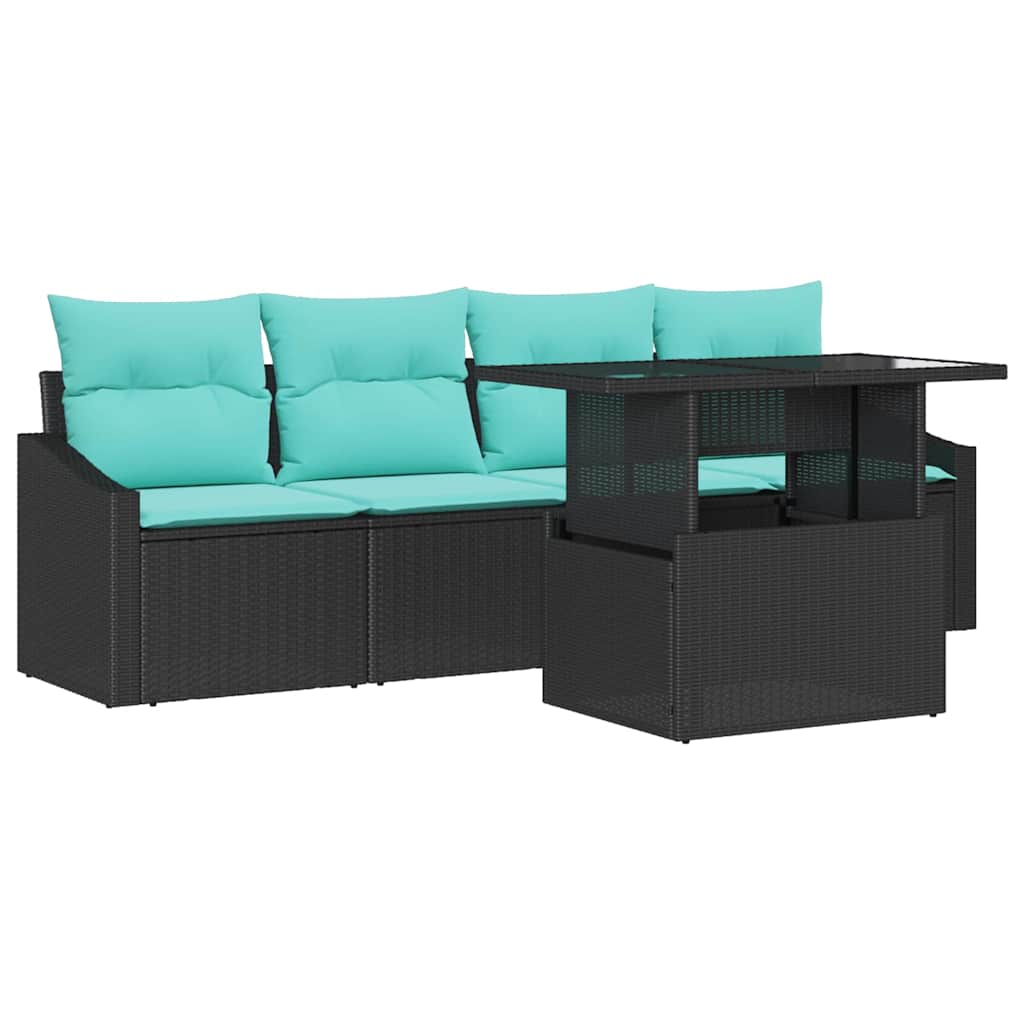 Havesofa Sæt med opbevaring 5 pcs Sort og Blå Poly rattan