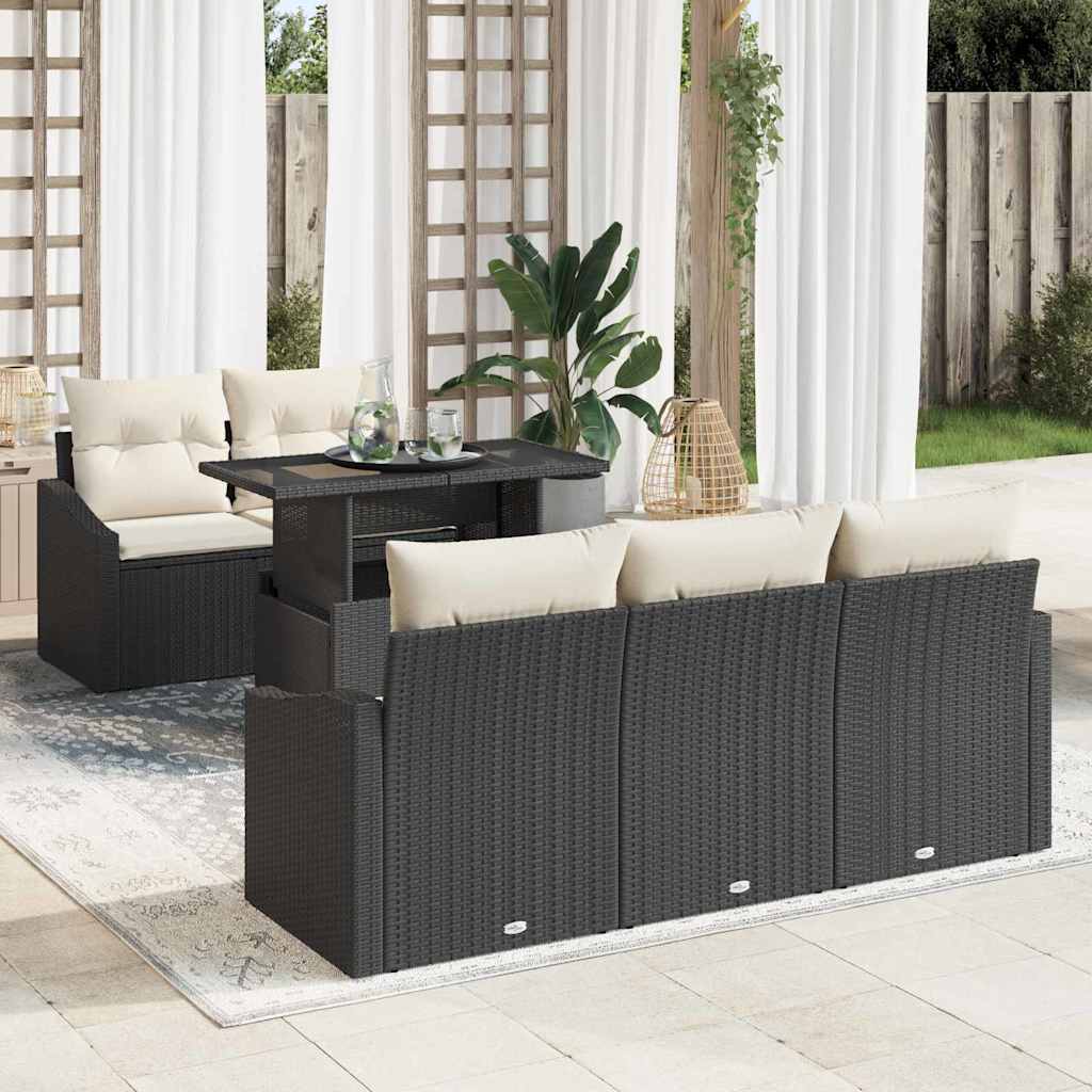 Havesofa Sæt med pude 6 pcs Sort og cremefarvet polyrattan