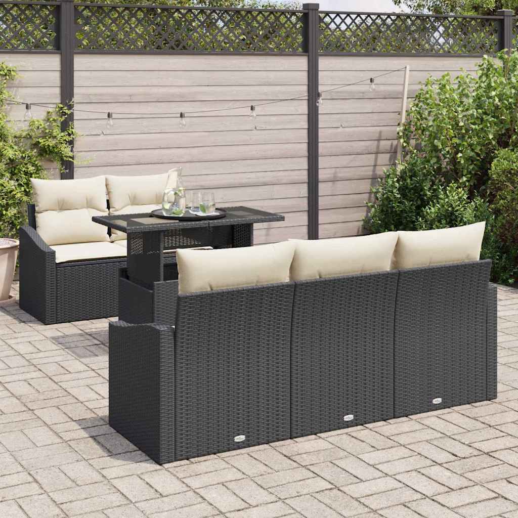 Havesofa Sæt med pude 6 pcs Sort og cremefarvet polyrattan