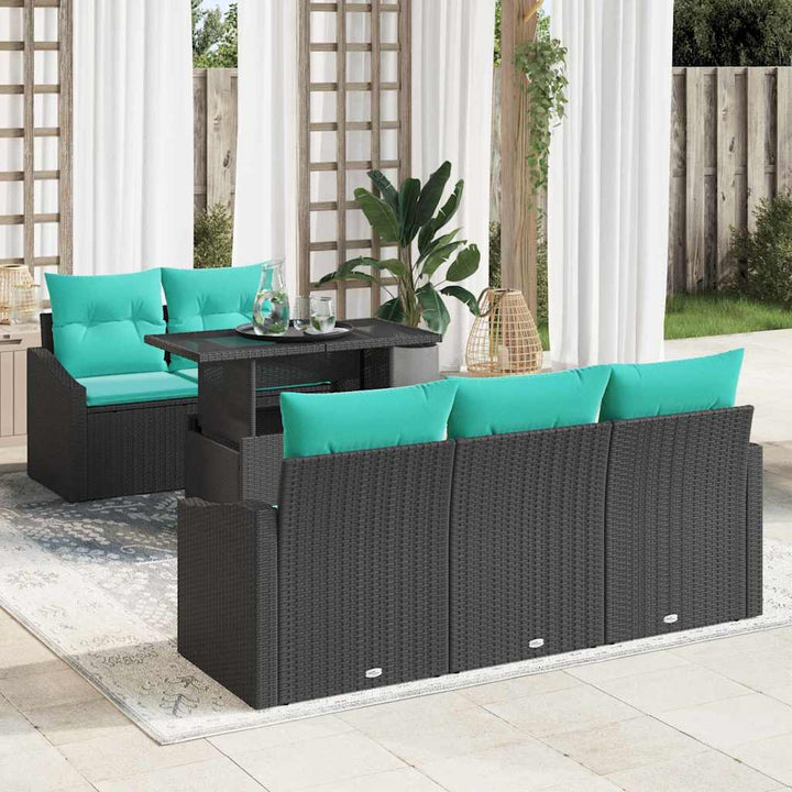 Havesofa Sæt med pude 6 pcs Sort og blå polyrattan