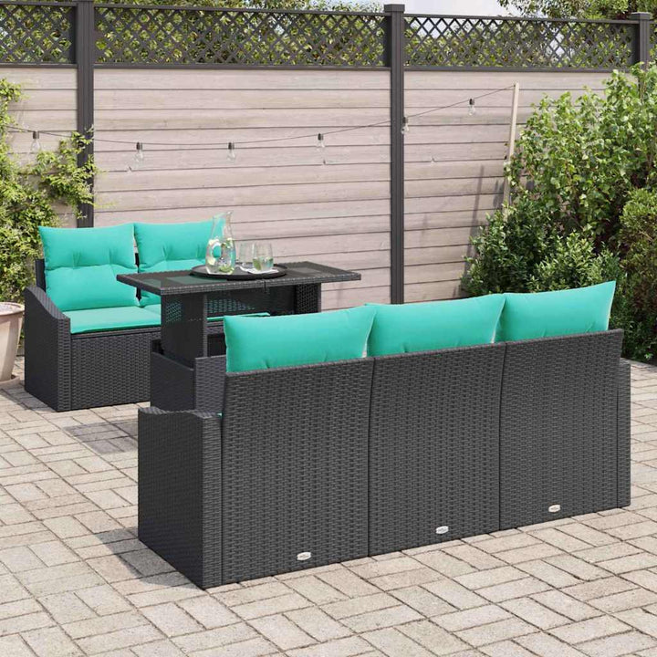 Havesofa Sæt med pude 6 pcs Sort og blå polyrattan