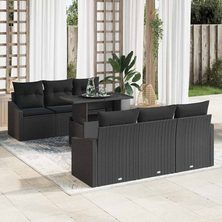 Havesofa Sæt med opbevaring med pude 7 pcs Sort polyrattan