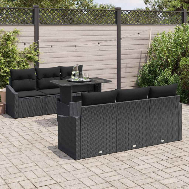 Havesofa Sæt med opbevaring med pude 7 pcs Sort polyrattan
