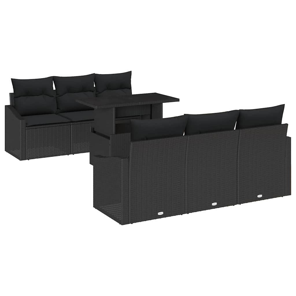 Havesofa Sæt med opbevaring med pude 7 pcs Sort polyrattan