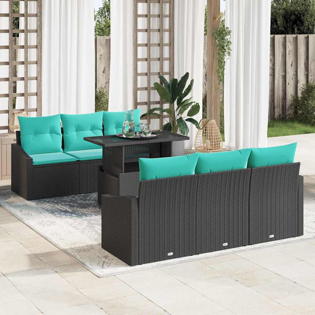 Havesofa Sæt med pude 7 pcs Sort og blå polyrattan