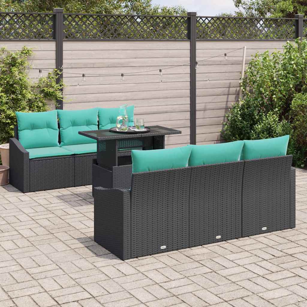 Havesofa Sæt med pude 7 pcs Sort og blå polyrattan