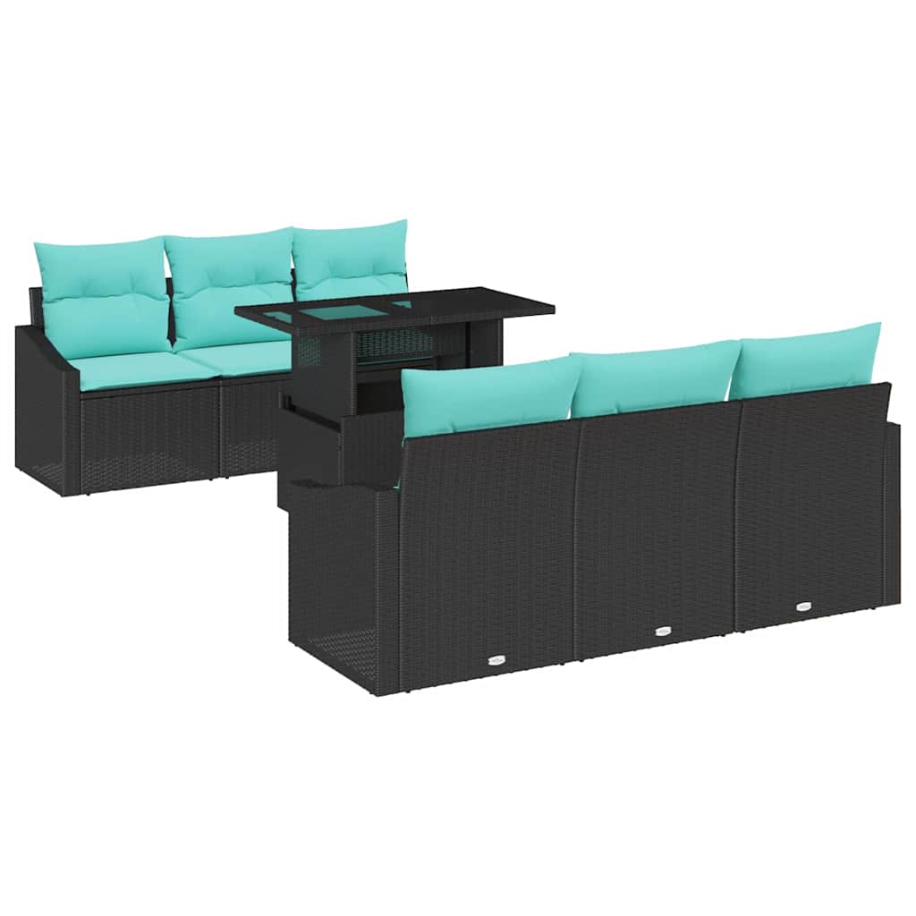 Havesofa Sæt med pude 7 pcs Sort og blå polyrattan
