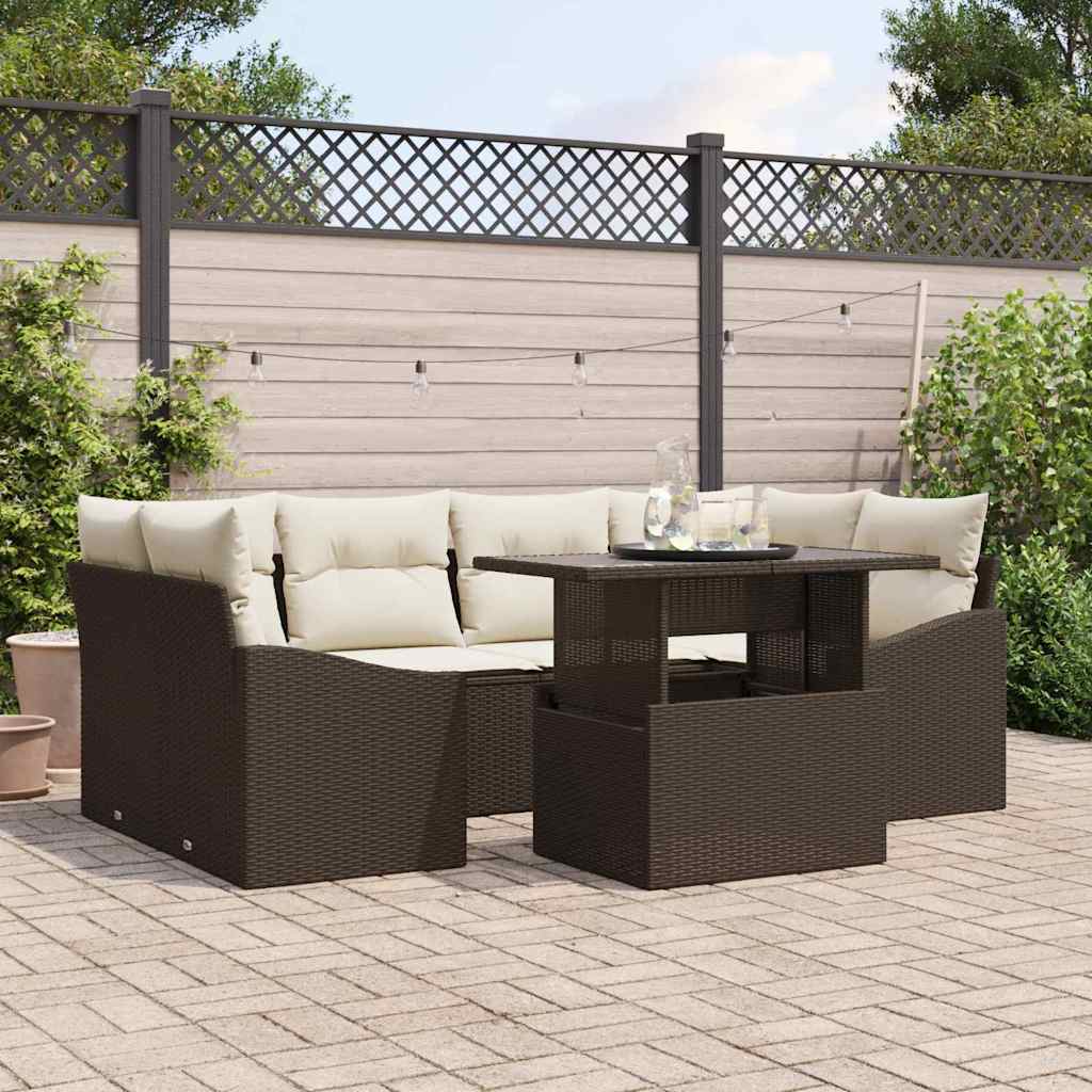 Havesofa Sæt med pude 7 pcs Brun og Creme polyrattan