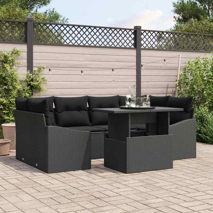 Havesofa Sæt med pude 7 pcs Sort polyrattan