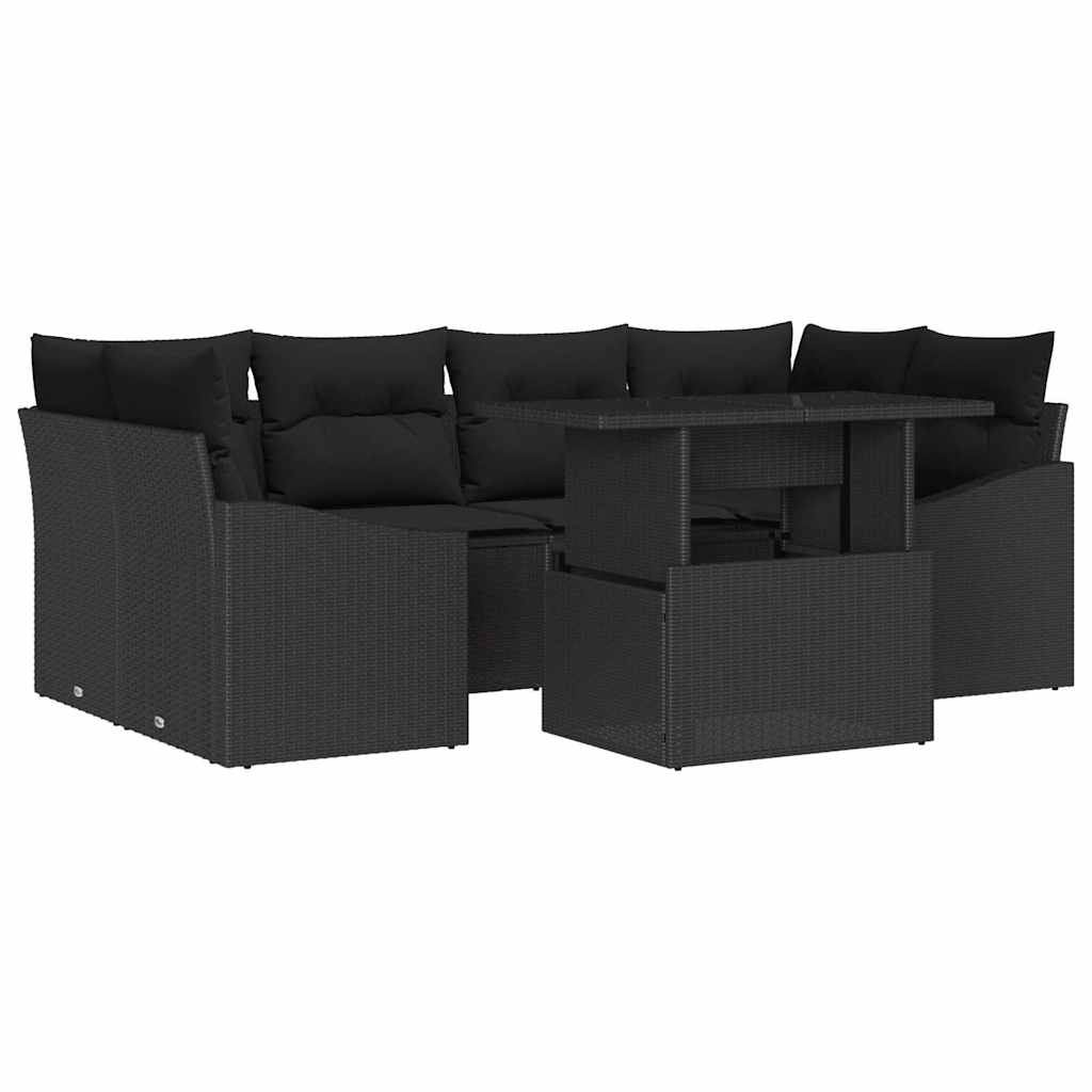 Havesofa Sæt med pude 7 pcs Sort polyrattan