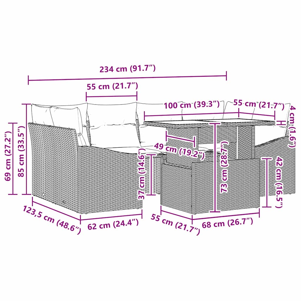 Havesofa Sæt med pude 7 pcs Sort polyrattan