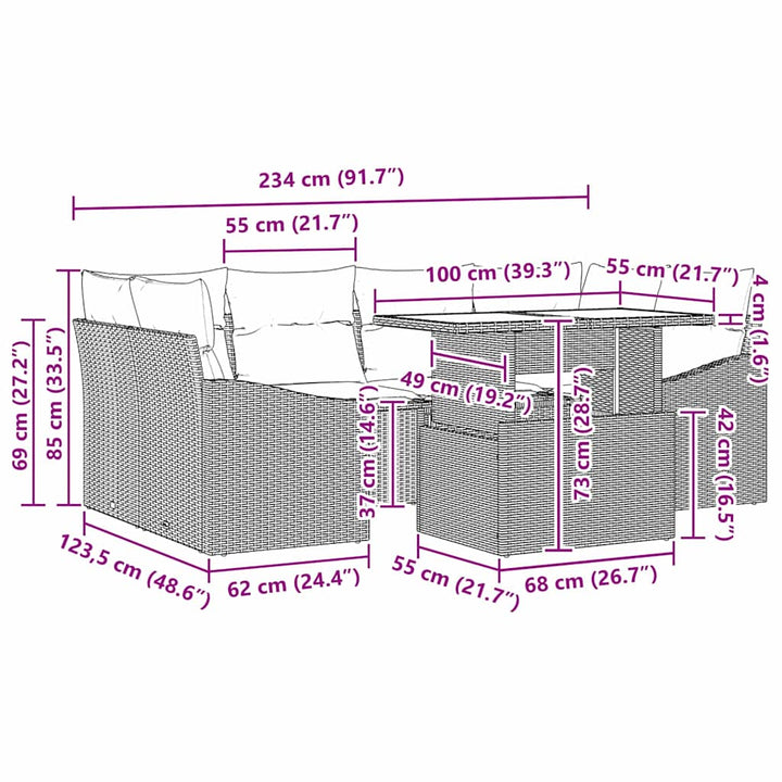 Havesofa Sæt med pude 7 pcs Sort polyrattan