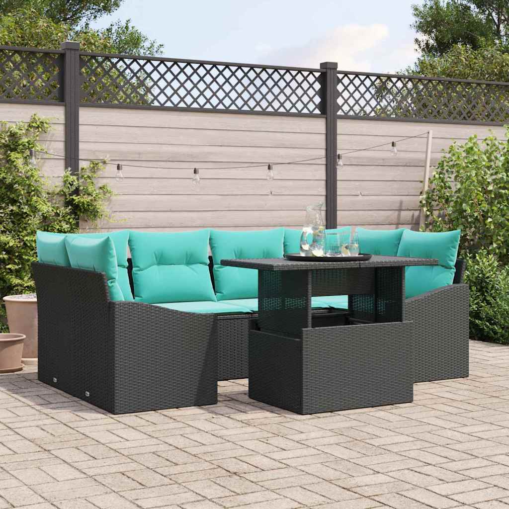 Havesofa Sæt med pude 7 pcs Sort og Blå Poly rattan
