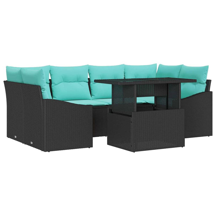 Havesofa Sæt med pude 7 pcs Sort og Blå Poly rattan