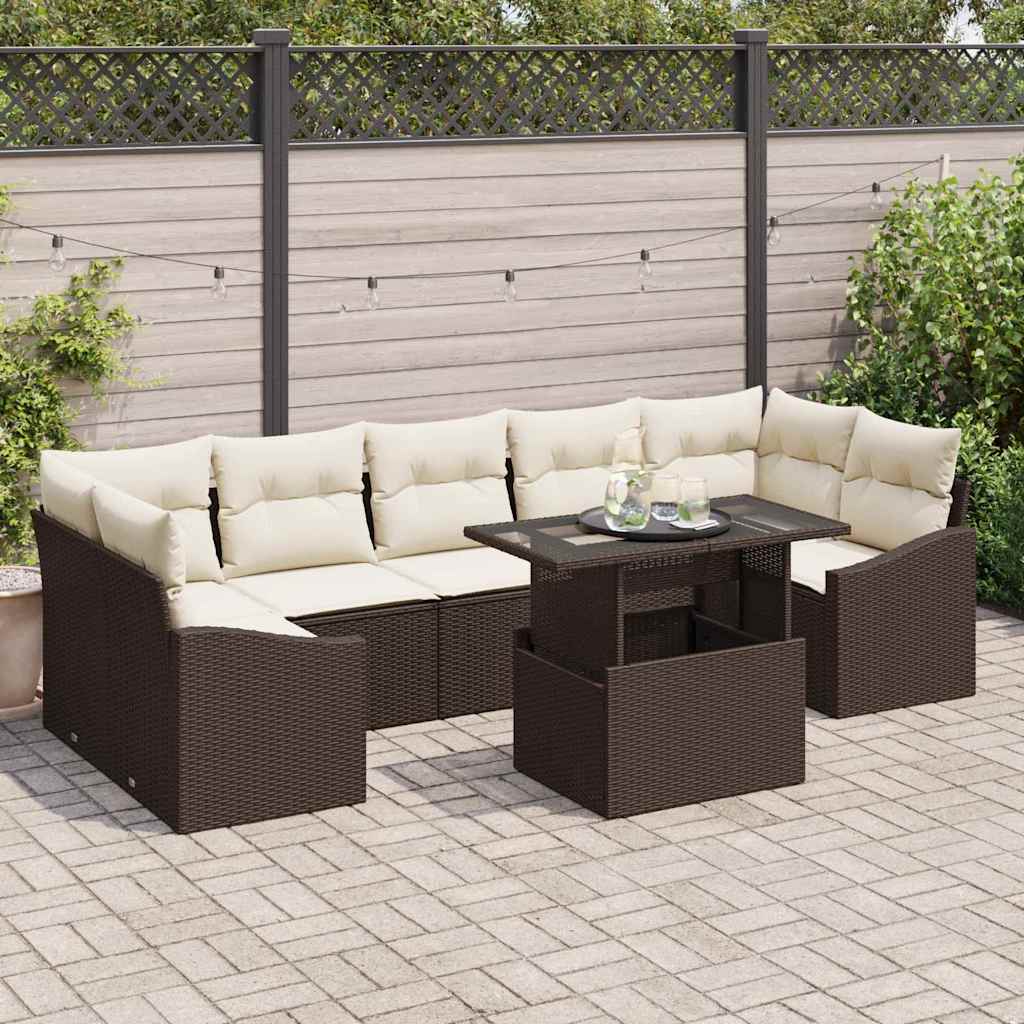 Havesofa Sæt med pude 8 pcs Brun og cremefarvet polyrattan