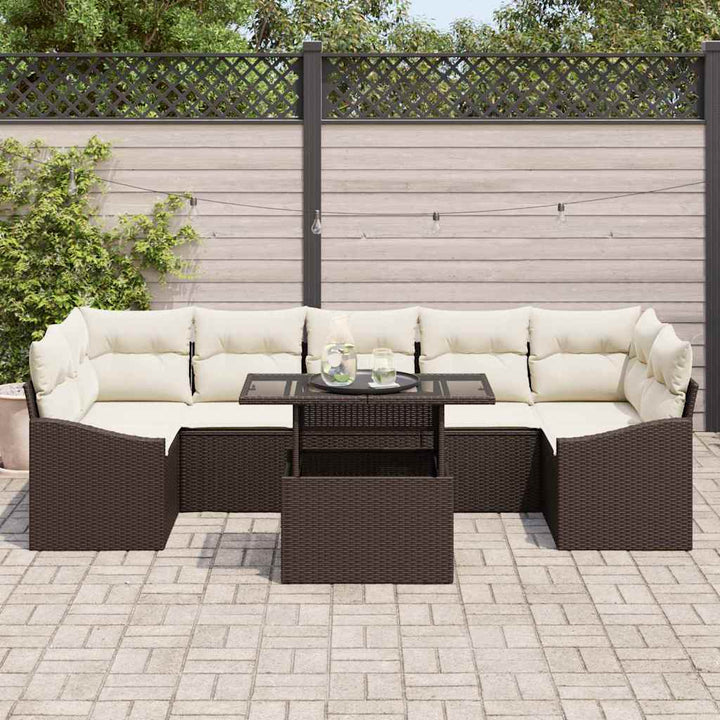 Havesofa Sæt med pude 8 pcs Brun og cremefarvet polyrattan