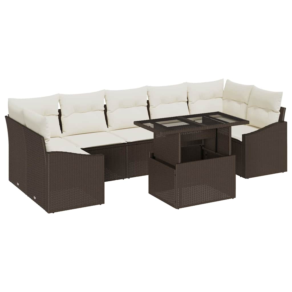 Havesofa Sæt med pude 8 pcs Brun og cremefarvet polyrattan