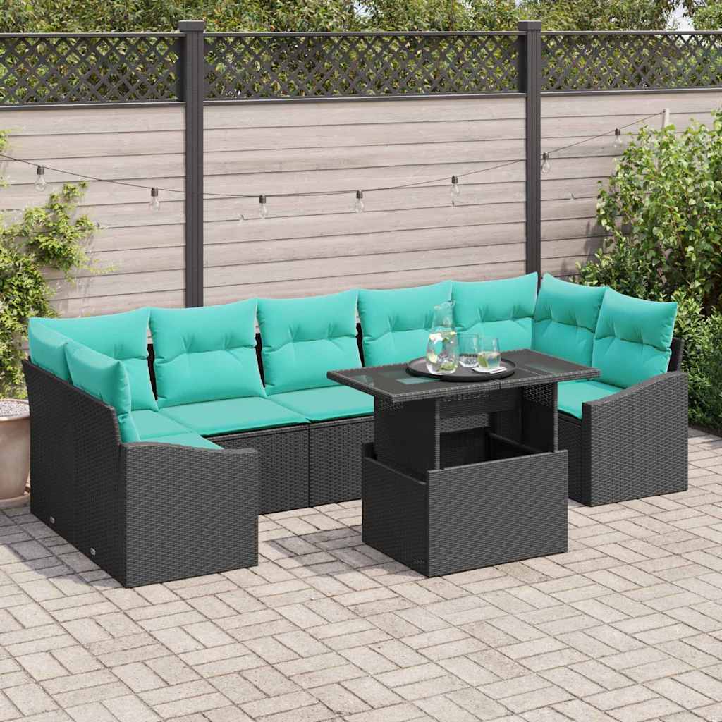 Havesofa Sæt med pude 8 pcs Sort og Blå polyrattan