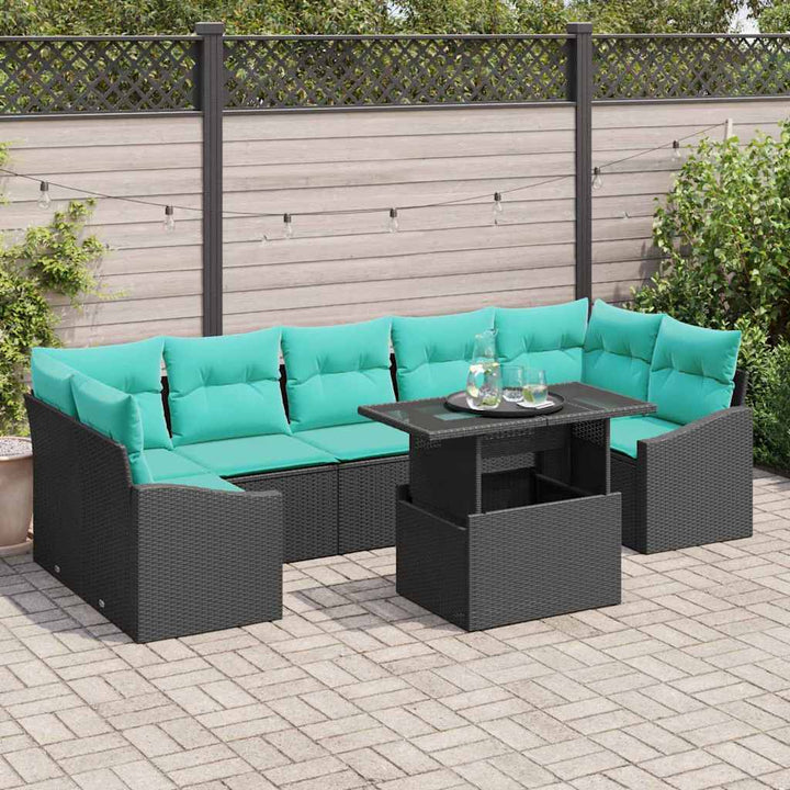 Havesofa Sæt med pude 8 pcs Sort og Blå polyrattan