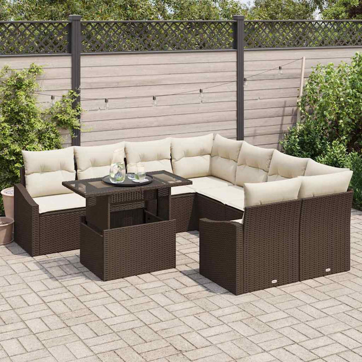 Havesofa Sæt med pude 9 pcs Brun og Creme polyrattan