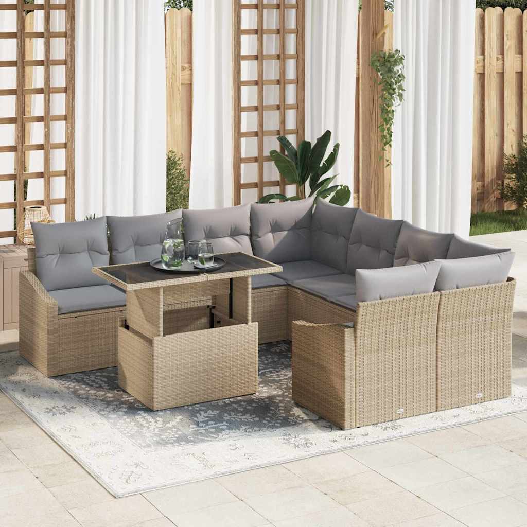Havesofa Sæt med pude 9 pcs Beige og lys grå polyrattan