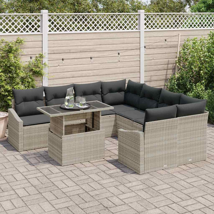 Havesofa Sæt med pude 9 pcs Lysegrå polyrattan