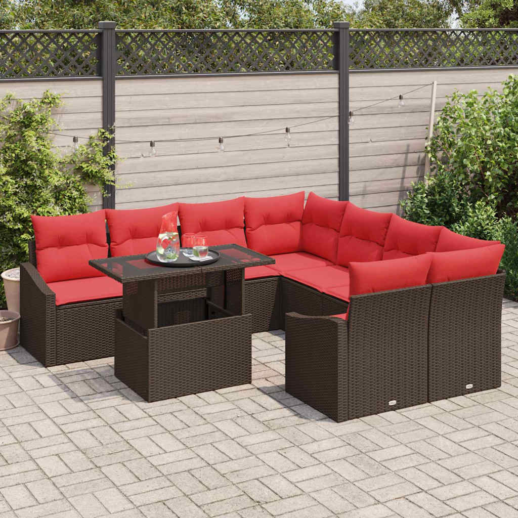 Havesofa Sæt 9 stk. Brun og Rød polyrattan