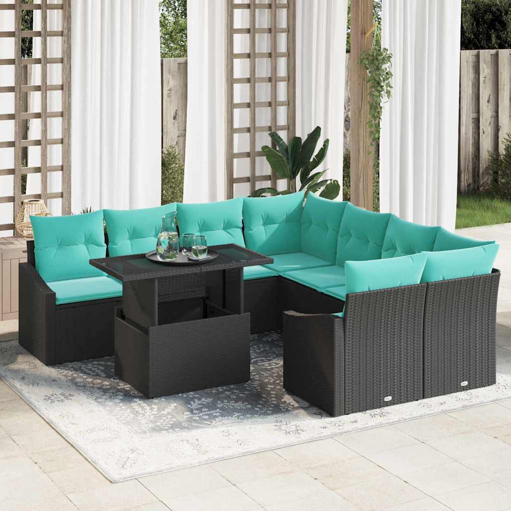 Havesofa Sæt med pude 9 pcs Sort og blå polyrattan