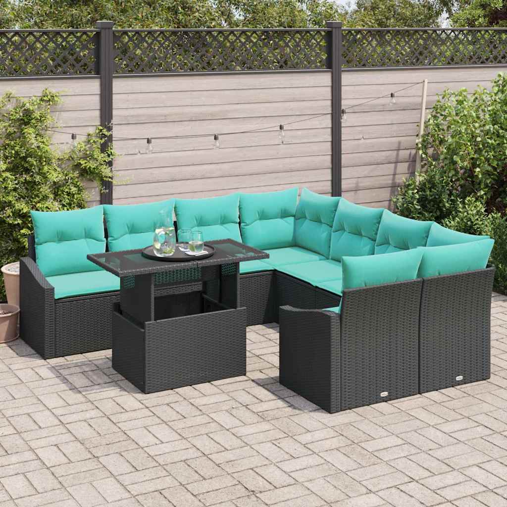 Havesofa Sæt med pude 9 pcs Sort og blå polyrattan