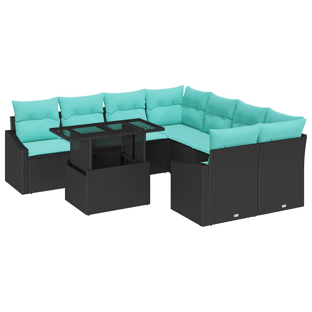 Havesofa Sæt med pude 9 pcs Sort og blå polyrattan