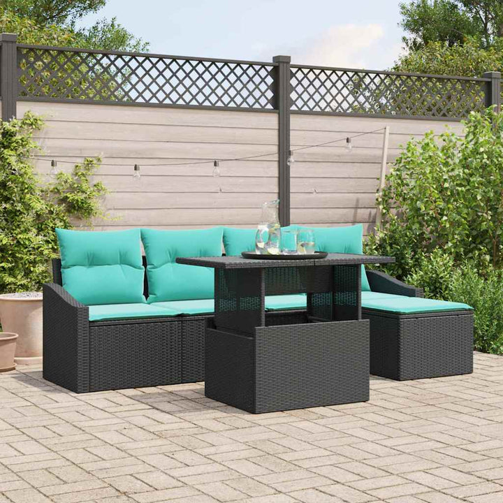 Havesofa Sæt med pude 6 pcs Sort og Blå polyrattan