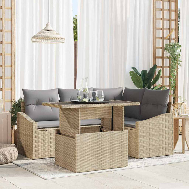 Havesofa Sæt med pude 5 pcs Beige og lys grå polyrattan