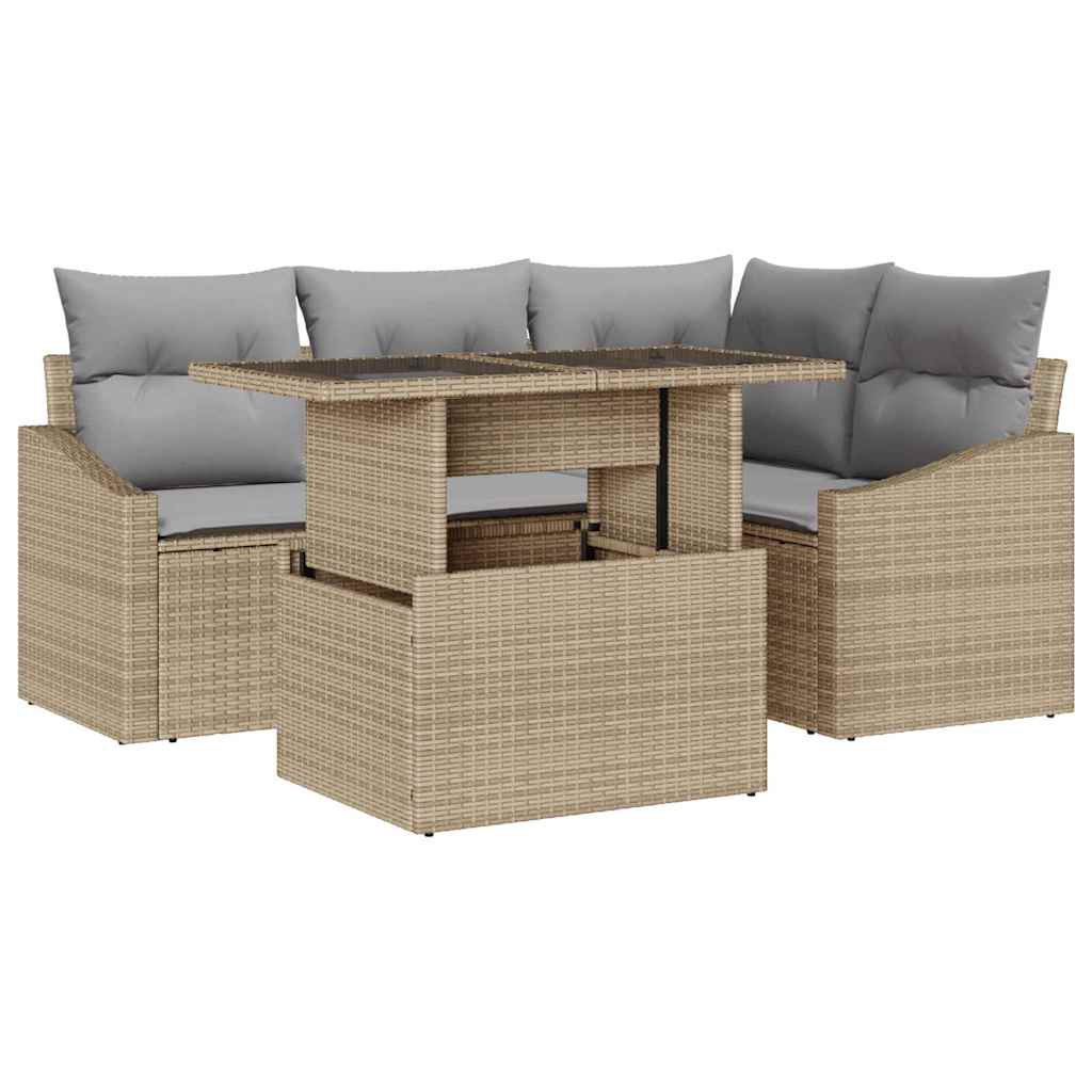 Havesofa Sæt med pude 5 pcs Beige og lys grå polyrattan