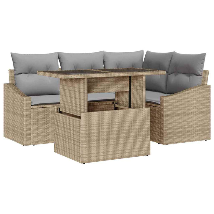 Havesofa Sæt med pude 5 pcs Beige og lys grå polyrattan