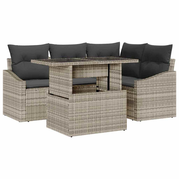 Havesofa Sæt med pude med opbevaring 5 pcs Lysegrå polyrattan