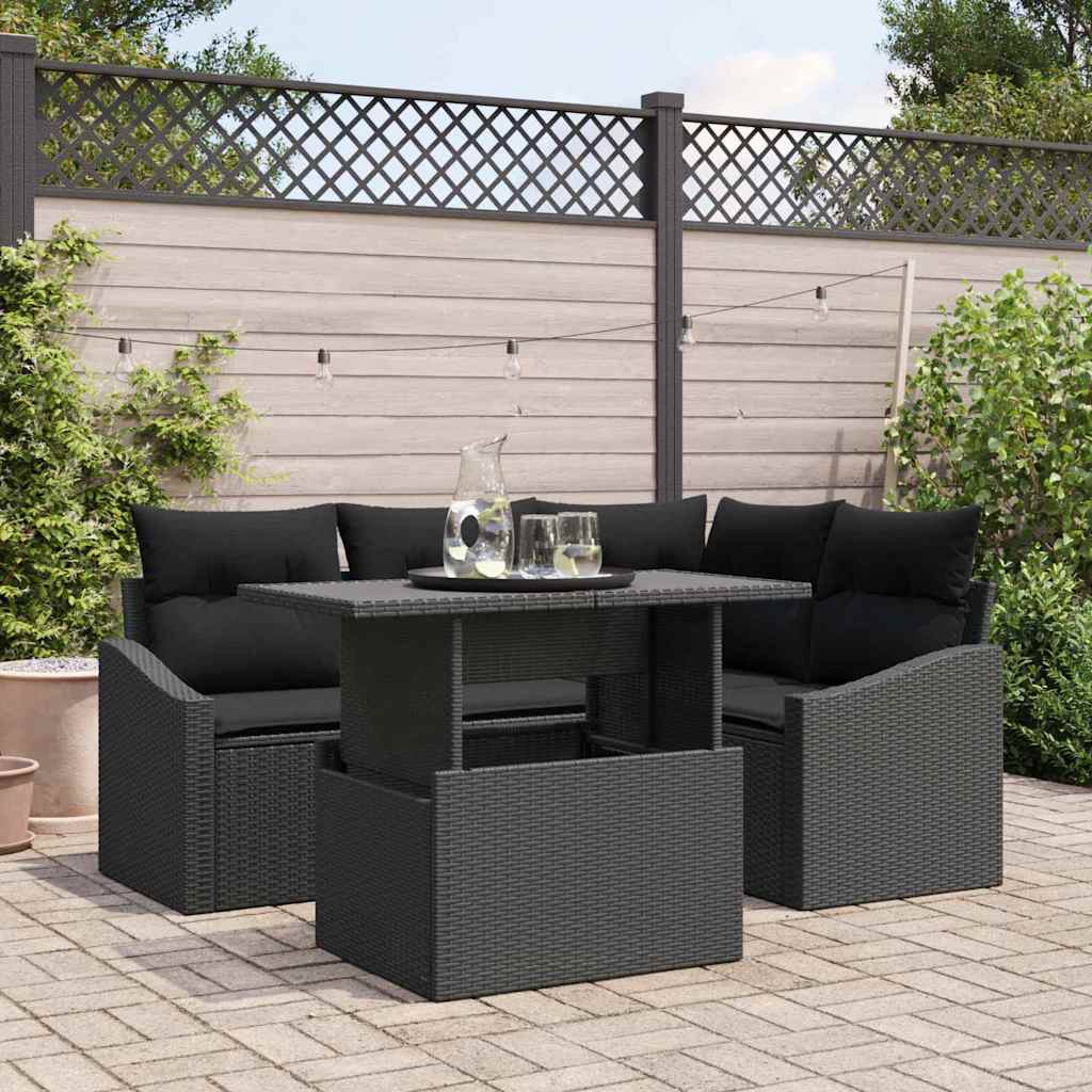 Havesofa Sæt med pude med opbevaring 5 pcs Sort polyrattan