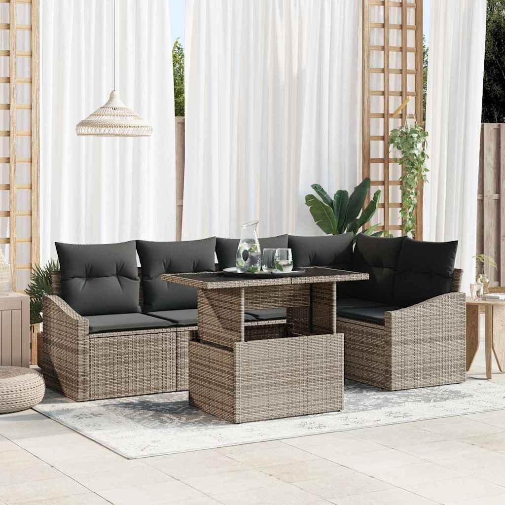 Havesofa Sæt 6 pcs Grå Polyrattan og pulverlakeret stål og glas