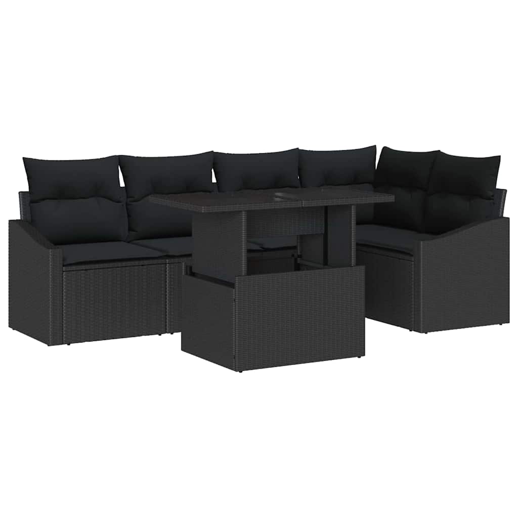 Havesofa Sæt med pude med opbevaring 6 pcs Sort polyrattan
