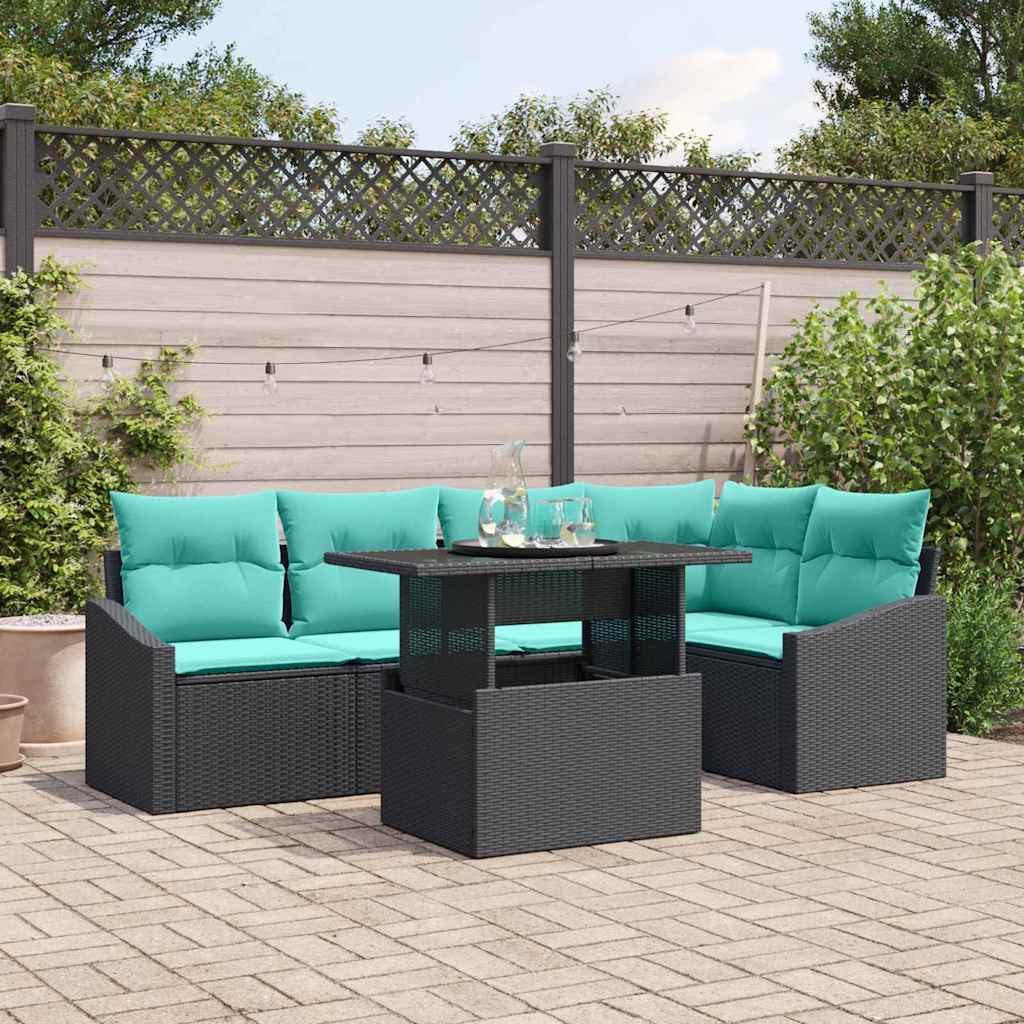 Havesofa Sæt med pude 6 pcs Sort og Blå polyrattan