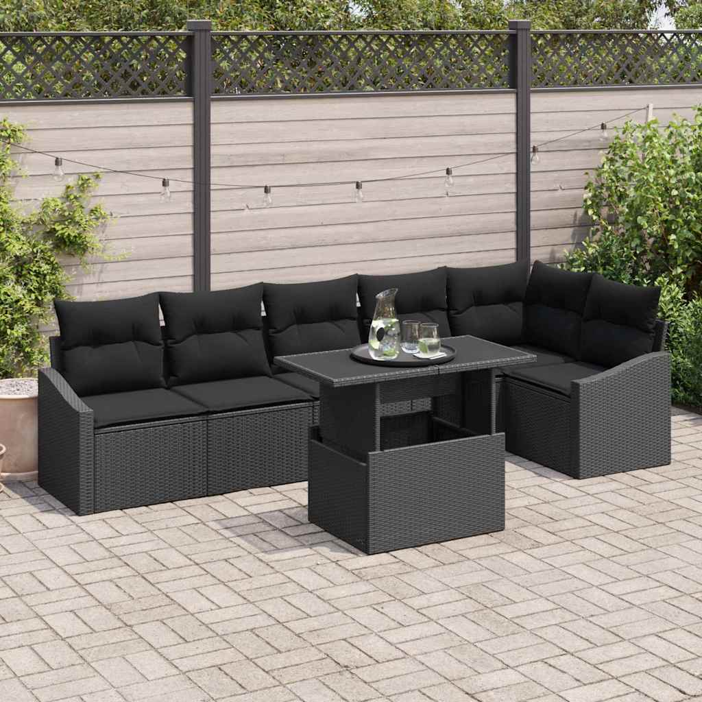 Havesofa Sæt med pude med opbevaring 7 pcs Sort polyrattan