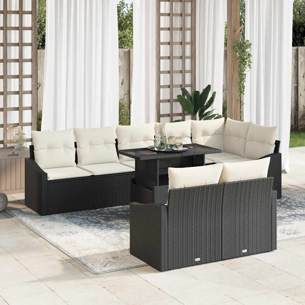 Havesofa Sæt med pude 9 pcs Sort og Cream polyrattan