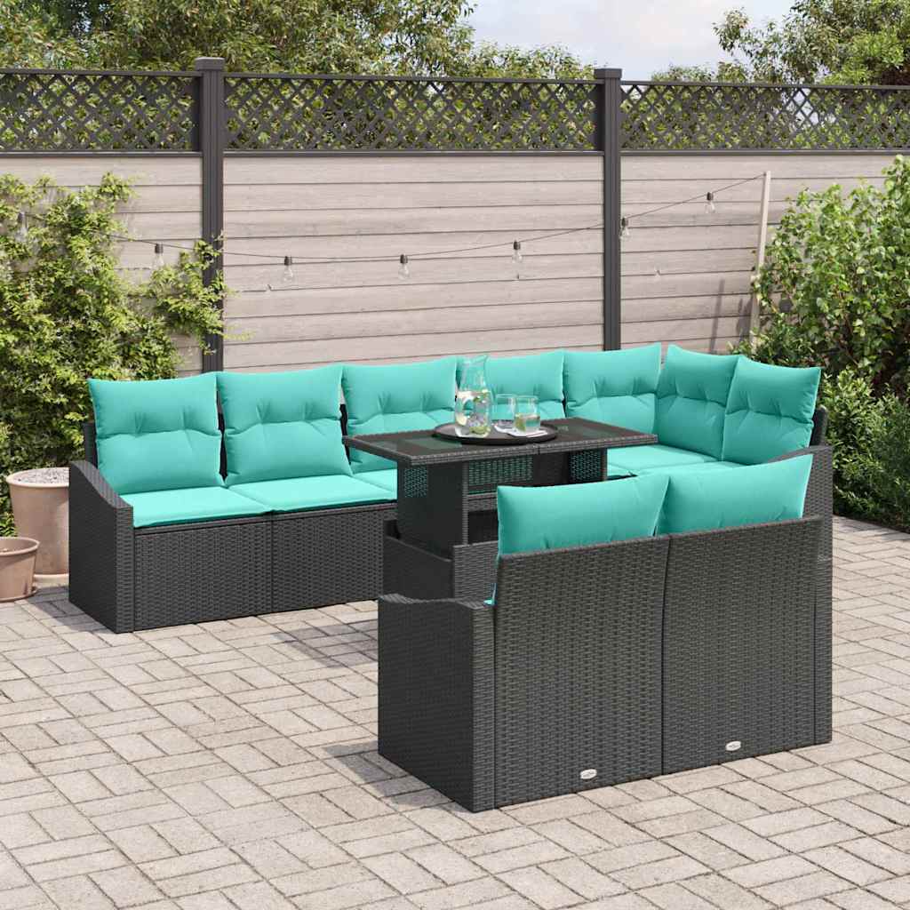 Havesofa Sæt med pude 9 pcs Sort og Blå polyrattan