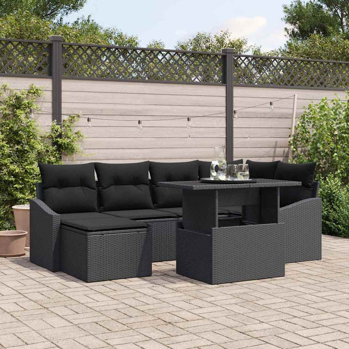 Havesofa Sæt 7 pcs Sort Polyrattan og pulverlakeret stål