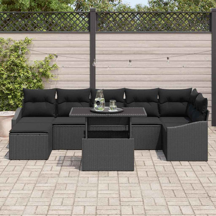 Havesofa Sæt med pude med opbevaring 8 pcs Sort polyrattan